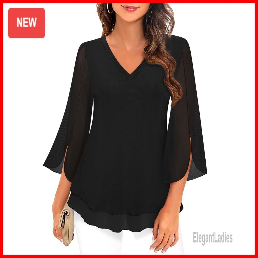 Floral Mesh Tunic Top 3/4 Sleeve V-Neck Double Layer Slimming Blouse